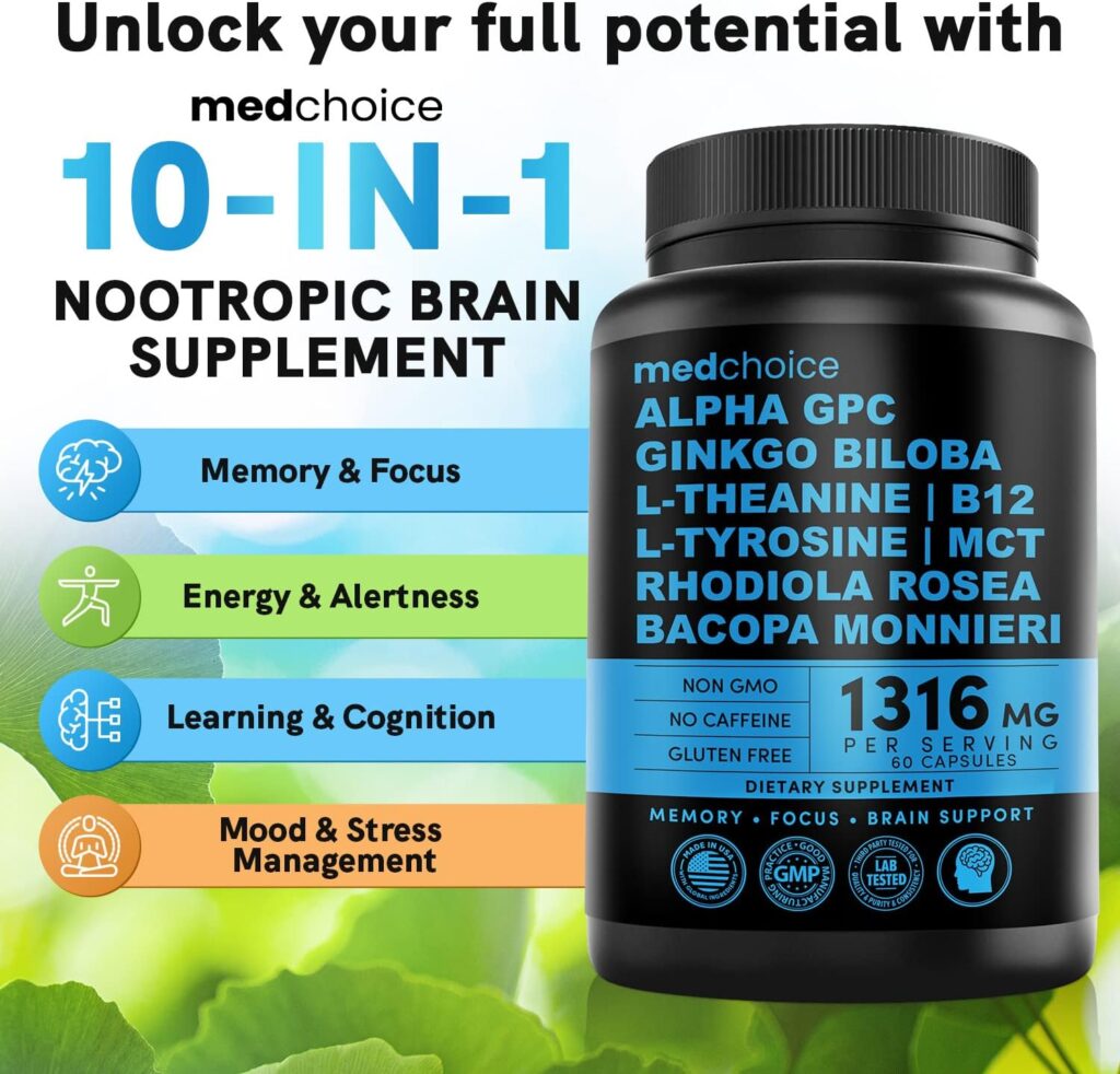 10-in-1 Nootropic Brain Supplements: Memory  Focus Supplement with Ginkgo Biloba, L Theanine, Alpha GPC Choline - 1316mg, 60ct - Stimulant Free, Vegan, Non-GMO - Focus Brain Support (1 pack)