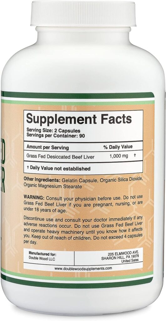 Beef Liver Capsules (1,000mg of Grass Fed, Desiccated Beef Liver per Serving, 180 Capsules, 3 Month Supply) Beef Liver Supplement for Digestion, Immune Health, Energy, and Wellness by Double Wood
