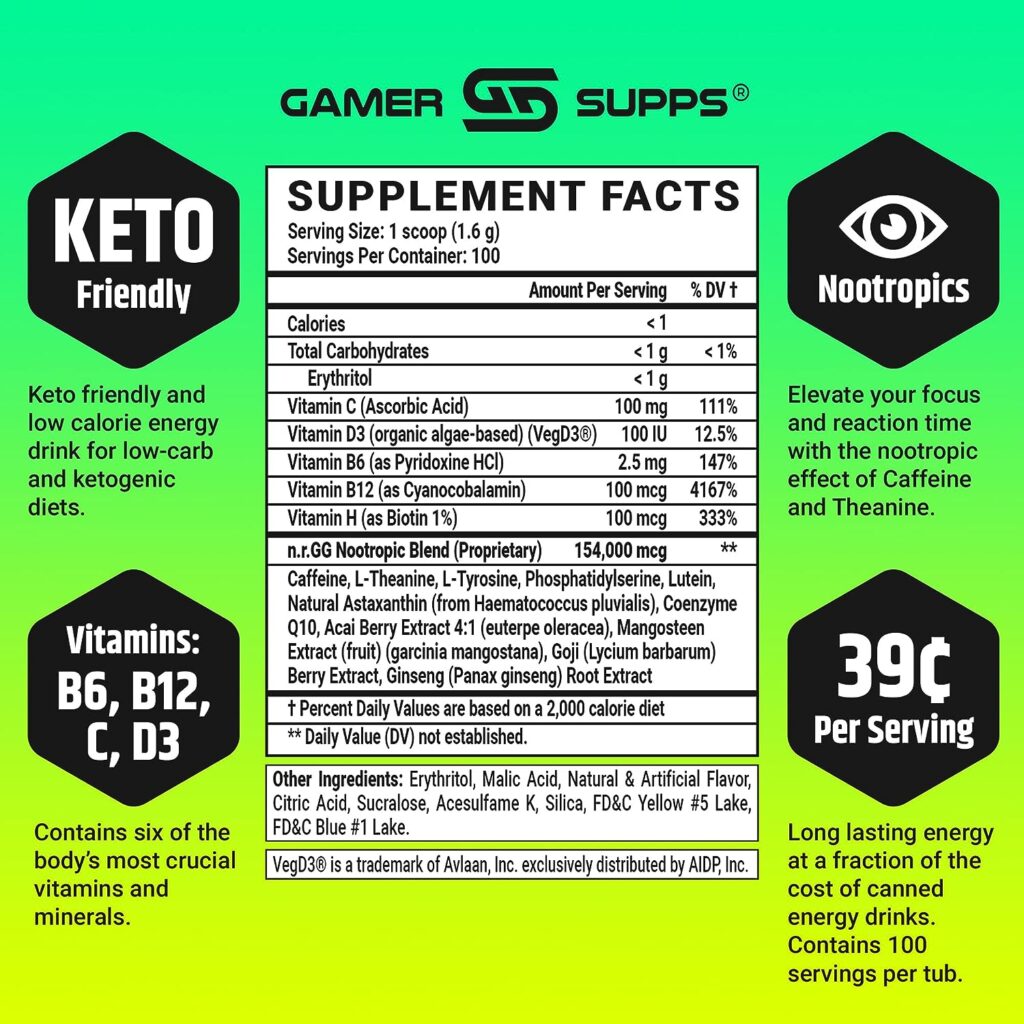 GAMER SUPPS, GG Energy (100 Servings) - Keto Friendly Gaming Energy and Nootropic, Sugar Free Caffeine + Vitamins + Immune Support, Powder Energy Drink and Soda Alternative (Guacamole Gamer Fart 9000)