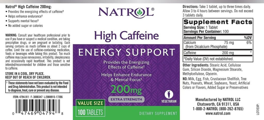 Natrol High Caffeine Tablets, Energy Support, Helps Enhance Endurance and Mental Focus, Caffeine Supplement, Fatigue, Pre-Workout, Extra Strength, 200mg, 100 Count